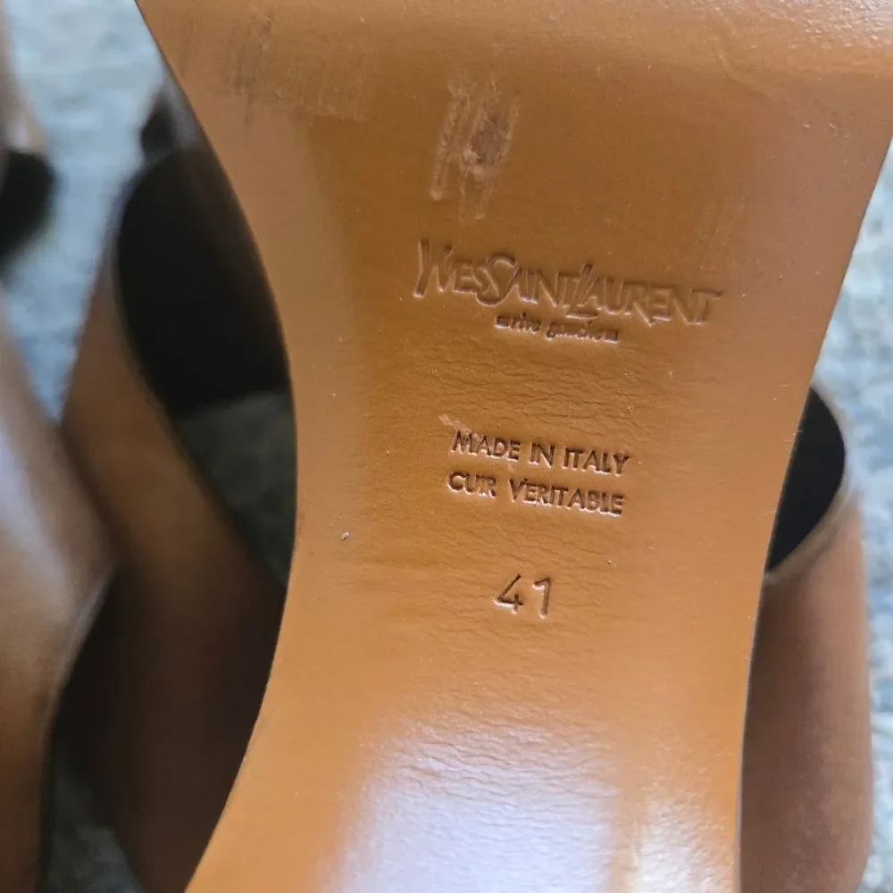 Vintage YVES SAINT LAURENT Leather Wedge Cross Strap Platform Slides Size 41